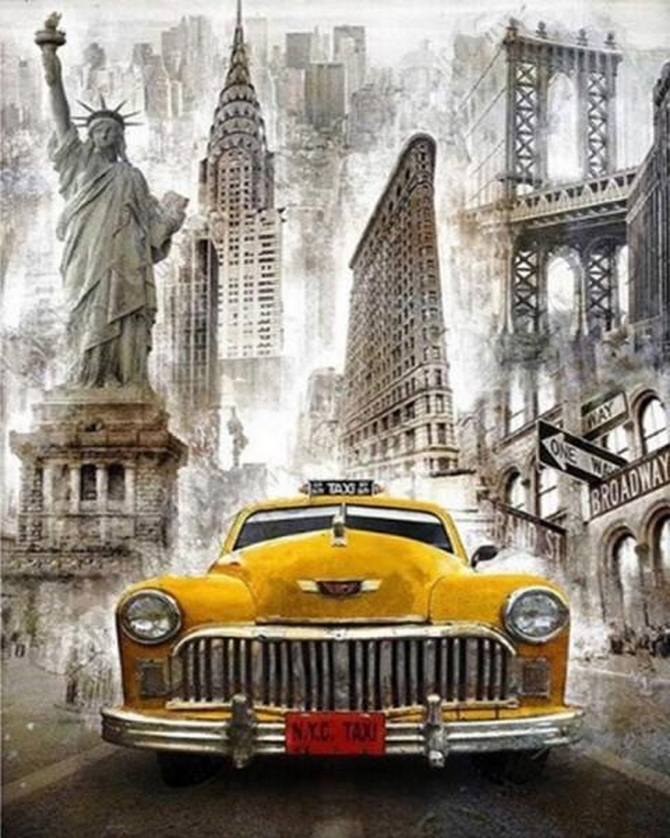 Dielay - Diamond Painting Pakket - Taxi | Yellow Cab | New York City - 50x40 cm - Complete Set - Volledige Bedekking - Ronde Steentjes